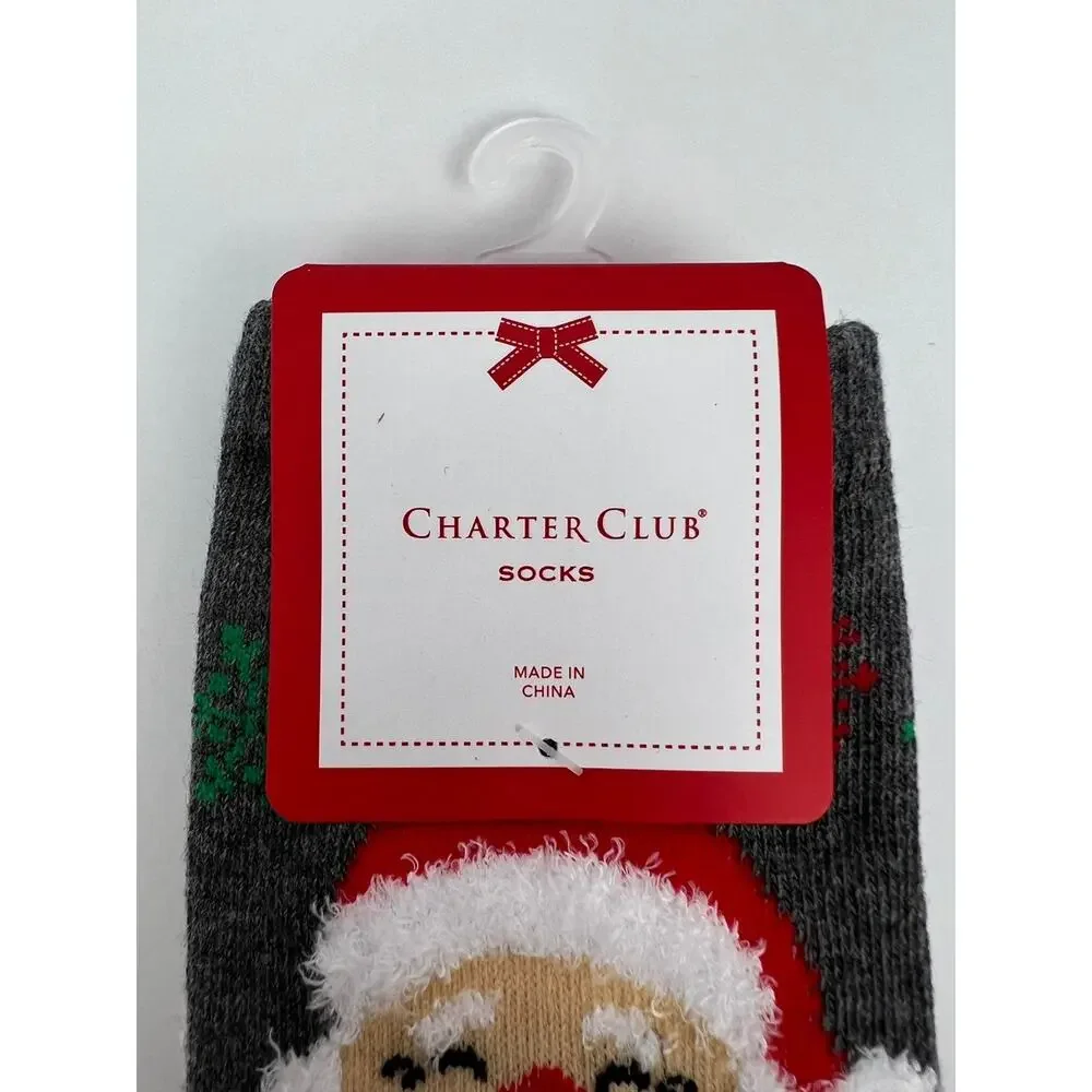 Charter Club Women's Holiday Crew Socks - Santa and Snowflakes on Grey Socks
